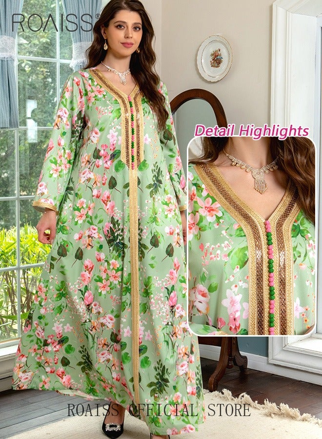 roaiss Women Floral V Neck Maxi Dress, Embroidery Front Long Sleeve Abaya, Loose Fit Breathable Arabian Robe for Ladies Ramadan Eid al-Adha - Image 1